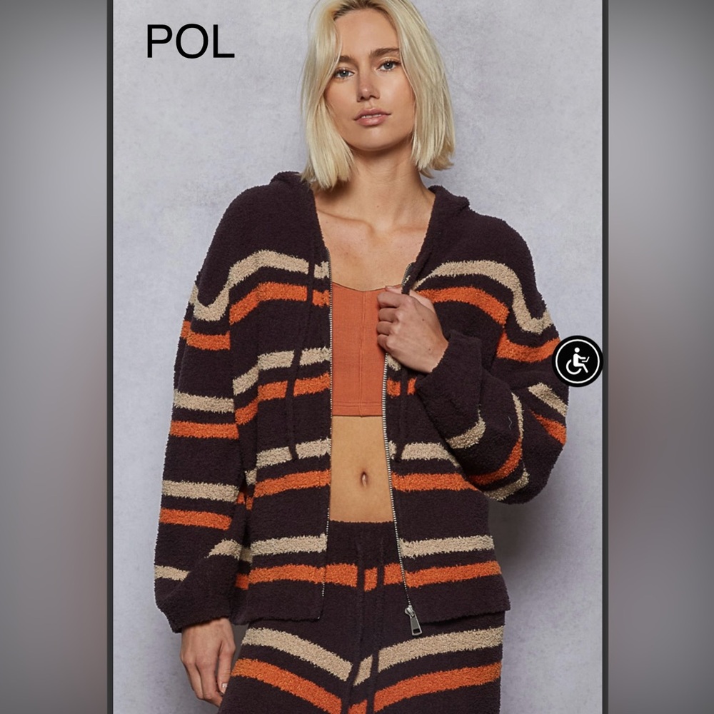 BP219-3⭐️POL in paradise brown + red Striped Hooded Jacket in softest fleece! - Picture 3 of 7